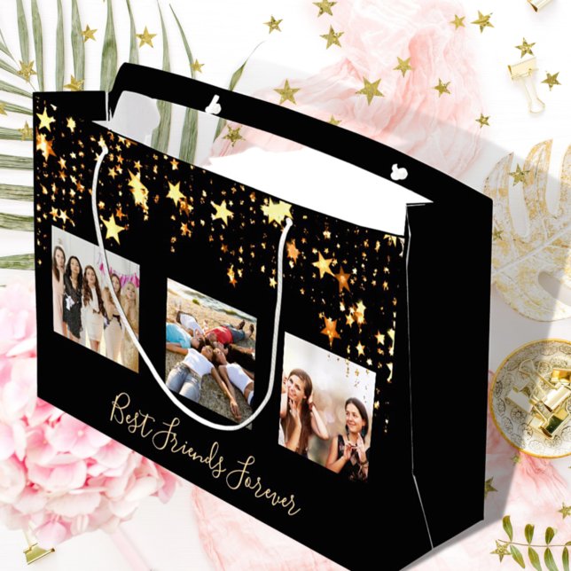 Best friends photo black gold stars glam birthday large gift bag (Creator Uploaded)