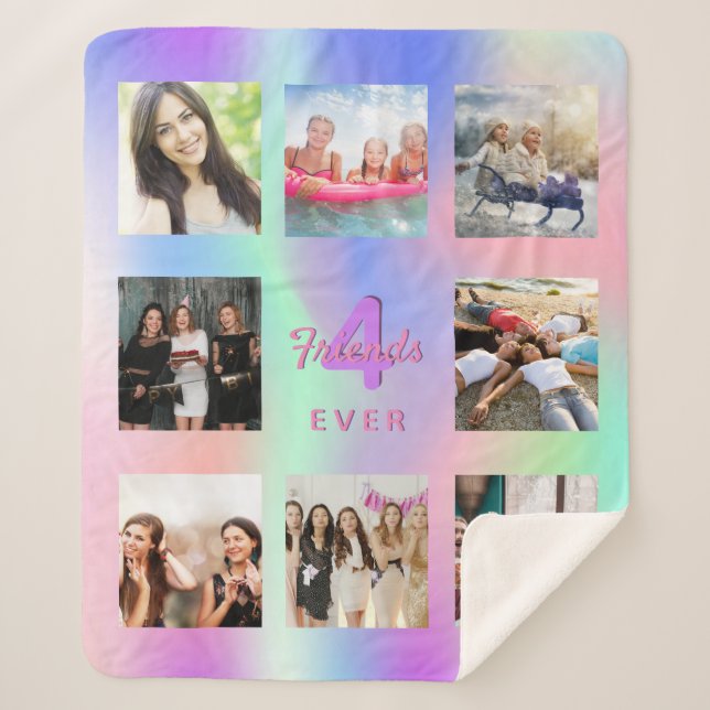 Best friends photo collage holographic pink purple sherpa blanket (Front)