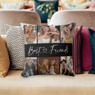 Best Friends Photo Collage Modern Script Heart Cushion