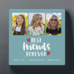 Best Friends Photo Collage Plaque<br><div class="desc">A simple and modern photo collage display for your best friend with 3 photos and the title Best Friends 
Forever with hearts on a teal background and personalised with your own text. Designed for you by Blackberry Boulevard.</div>
