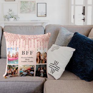 Best friends photo collage rose gold glitter pink cushion