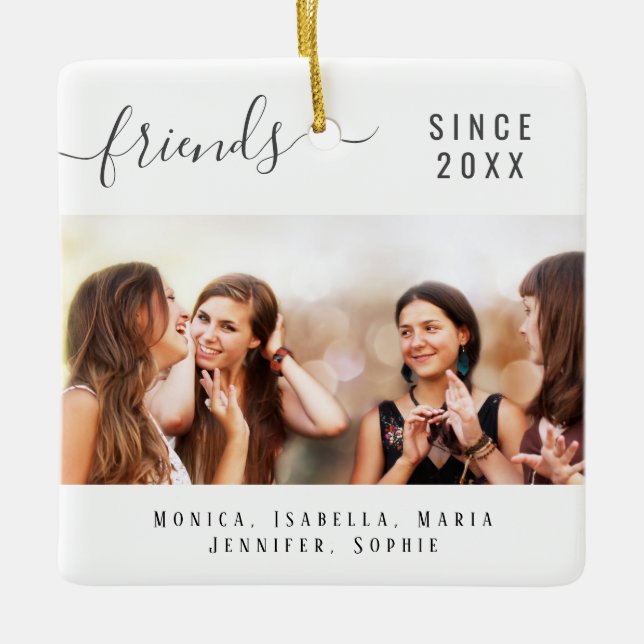 Best friends photo names white keepsake script ceramic ornament (Front)