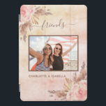 Best friends photo pampas pink floral rose gold iPad pro cover<br><div class="desc">Personalise and add your own photo. A rose gold,  blush pink gradient faux metallic looking background. A brown frame decorated with pampas grass and blush pink florals.  Add your name(s) name and a year.</div>