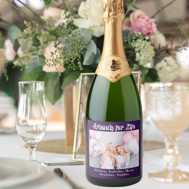 Best friends photo purple names party sparkling wine label (Creator Uploaded)