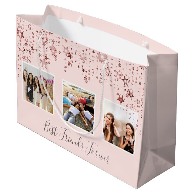 Best friends photo rose gold pink stars birthday large gift bag (Back Angled)