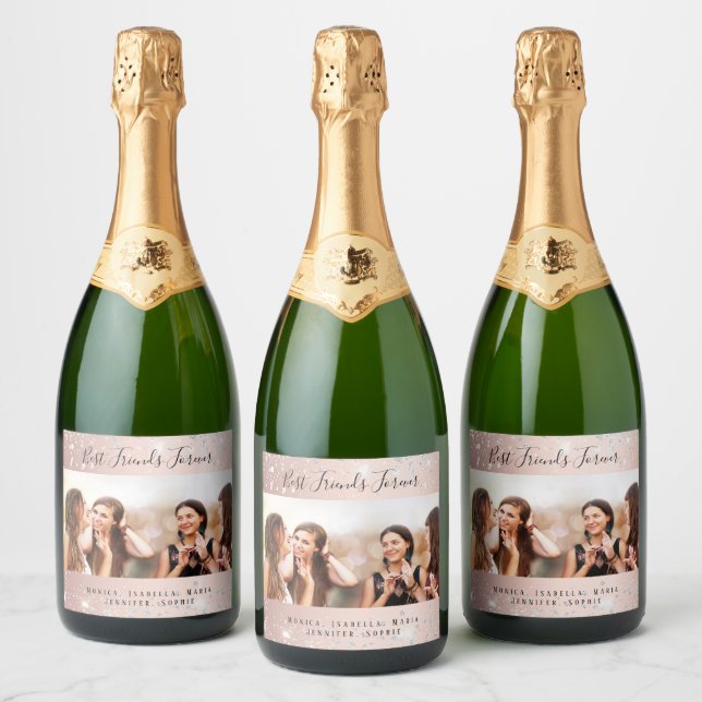 Best friends photo rose gold silver glitter sparkling wine label (Bottles)