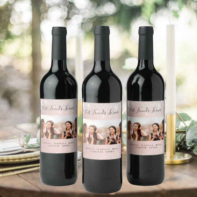 Best friends photo rose gold silver glitter wine label (Creator Uploaded)