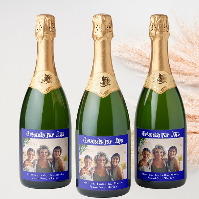 Best friends photo royal blue white names party sparkling wine label (Creator Uploaded)