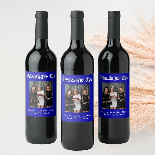 Best friends photo royal blue white script wine label (Creator Uploaded)