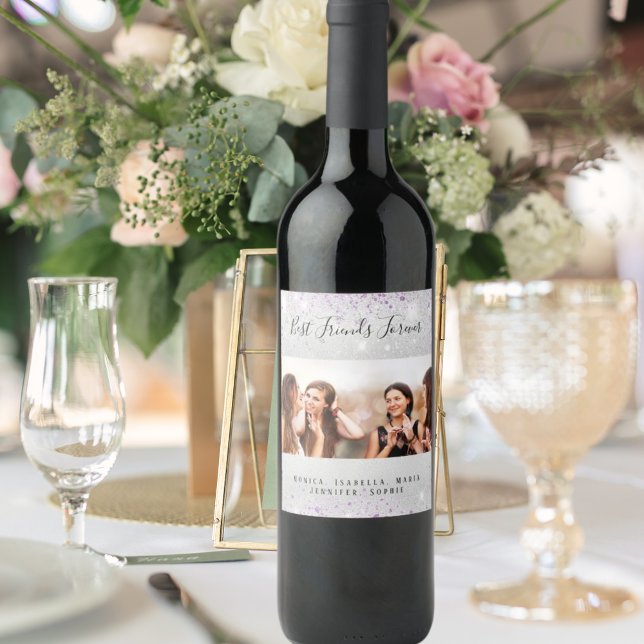 Best friends photo silver purple glitter dust  wine label (Creator Uploaded)