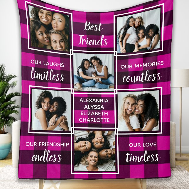 Best Friends Pink Buffalo Plaid 6 Photo Collage Fleece Blanket (Creator Uploaded)