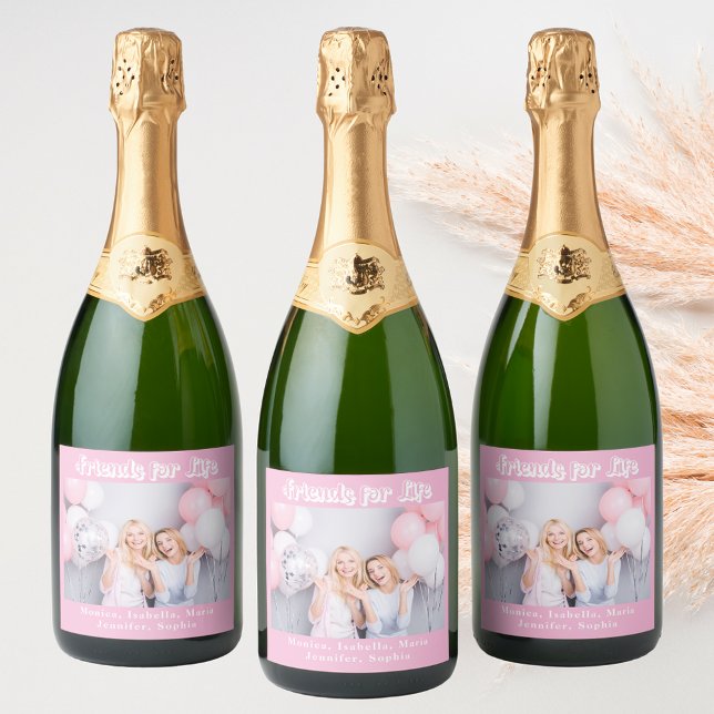 Best friends pink pastel photo names party sparkling wine label (Creator Uploaded)