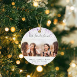 Best friends purple white glitter photo names ceramic tree decoration<br><div class="desc">A gift for your best friend(s) for birthdays,  Christmas or a special event. Black text: Best Friends Forever,  written with a trendy hand lettered style script. Personalise and use your own photo and names. A chic white background,  decorated with purple faux glitter dust.</div>