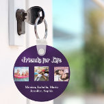 Best friends purple white script photos key ring<br><div class="desc">A gift for your best friend(s) for birthdays,  Christmas or a special event. White text: Friends for life,  written with a trendy style script. Personalise and use your own photos and names.  A girly deep purple background. The purple colour is uneven.</div>
