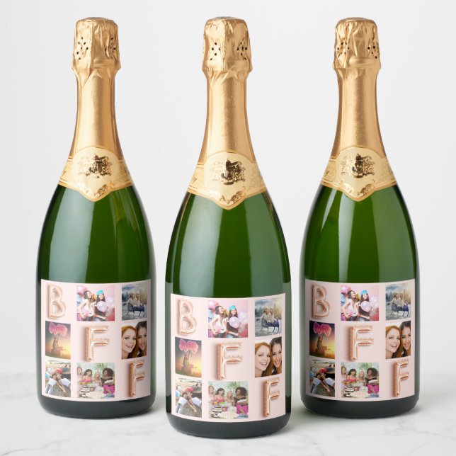 Best friends rose gold blush pink photo collage sparkling wine label (Bottles)