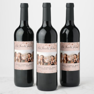 Best friends rose gold glitter photo names wine label