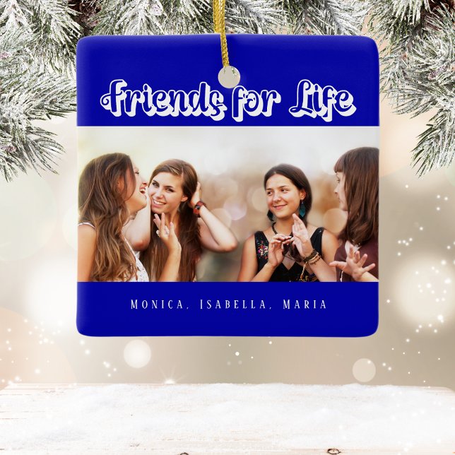 Best friends royal blue white photo names ceramic ornament (Creator Uploaded)