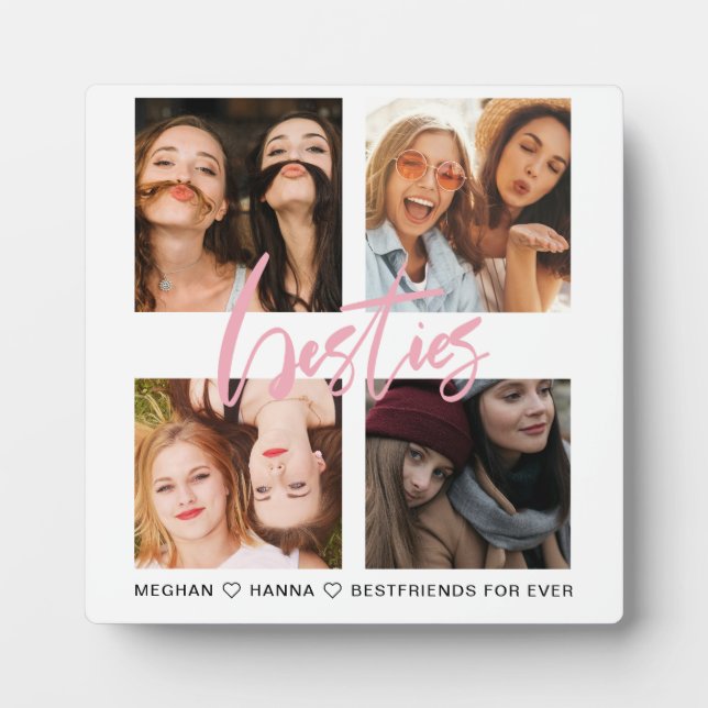 Best friends Square 4 Photos collage pink besties Plaque (Front)