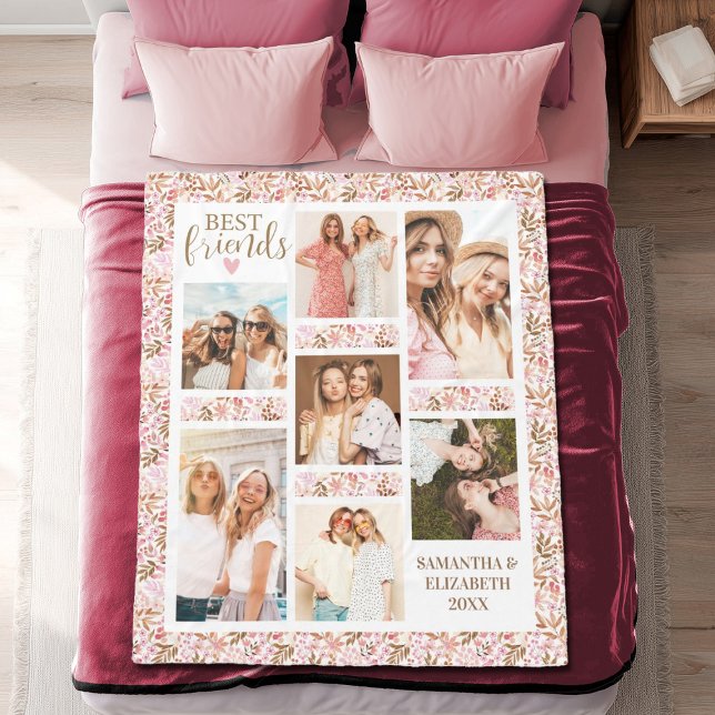 Best Friends Stylish BFF Friendship Pink Photo Fleece Blanket (A pretty floral 7 photo best friends blanket. Personalize it with the names and photos of your best.)