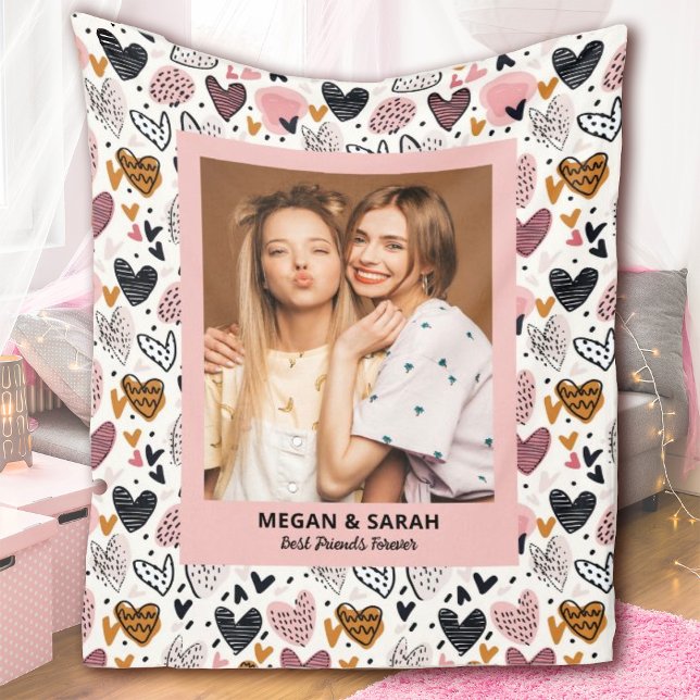 Best Friends Stylish BFF Pink Friendship Photo Fleece Blanket (A cute best friends blanket with a heart pattern background. Personalize 1 photo and your names.)