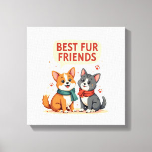 Best Fur Friends Vintage Cute Cat and Dog Cartoon  Canvas Print
