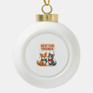 Best Fur Friends Vintage Cute Cat and Dog Cartoon  Ceramic Ball Christmas Ornament