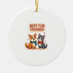 Best Fur Friends Vintage Cute Cat and Dog Cartoon  Ceramic Tree Decoration