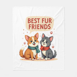 Best Fur Friends Vintage Cute Cat and Dog Cartoon  Fleece Blanket