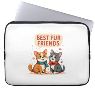 Best Fur Friends Vintage Cute Cat and Dog Cartoon  Laptop Sleeve