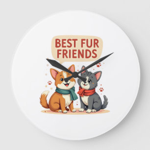 Best Fur Friends Vintage Cute Cat and Dog Cartoon  Large Clock
