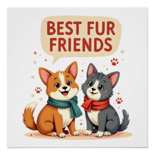 Best Fur Friends Vintage Cute Cat and Dog Cartoon  Poster