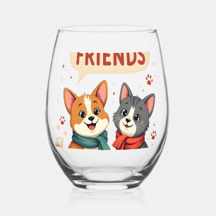 Best Fur Friends Vintage Cute Cat and Dog Cartoon  Stemless Wine Glass
