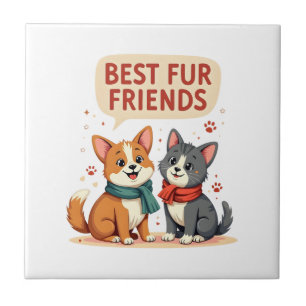Best Fur Friends Vintage Cute Cat and Dog Cartoon Tile
