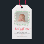 Best Gift (Tag) Ever Newborn First Christmas Birth Tags<br><div class="desc">Announce the news of your newborn's birth with this stylish "First Christmas" holiday photo gift tag doubling as a birth announcement. Features the phrase "best gift ever" in a modern chic hand lettered script in red. Your baby's photo is framed by hand painted watercolor wreath with red berries. A little...</div>