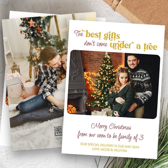 Best Gifts Don't Come Under Tree 2 Photo Pregnancy Holiday Card (Holiday Card Pregnancy Announcement with 2 photos)
