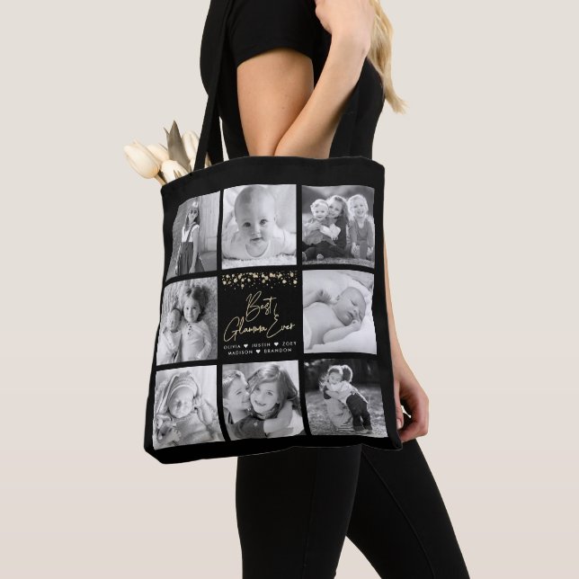 Best Glamma Ever 8 Photo Collage Gold Glitter Chic Tote Bag (Close Up)