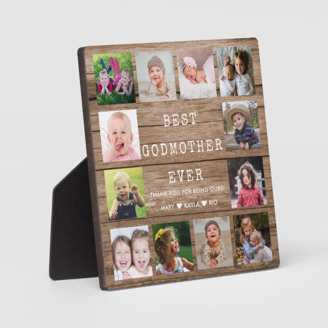 Best Godmother Ever 12 Photo Collage Rustic Wood Plaque (Front)