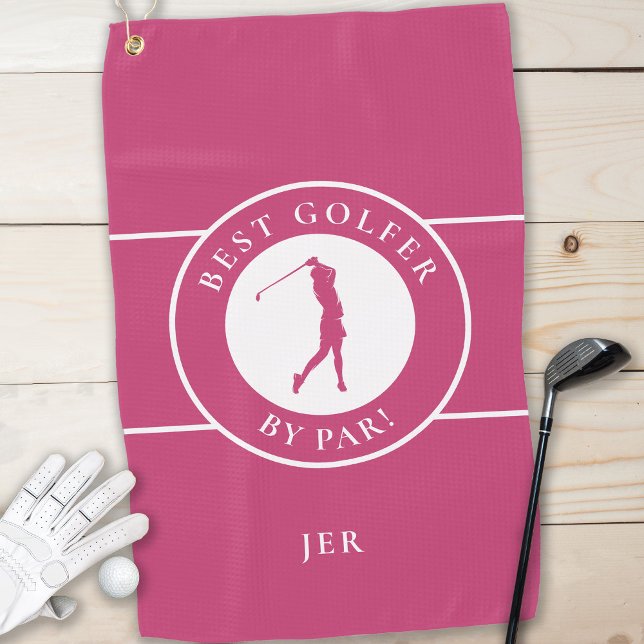 Best Golfer By Par Custom Lady Silhouette Pink Golf Towel (Creator Uploaded)