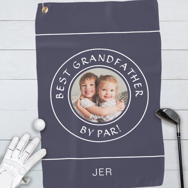 Best Grandfather By Par Golfer Photo Gift Blue Golf Towel (Creator Uploaded)