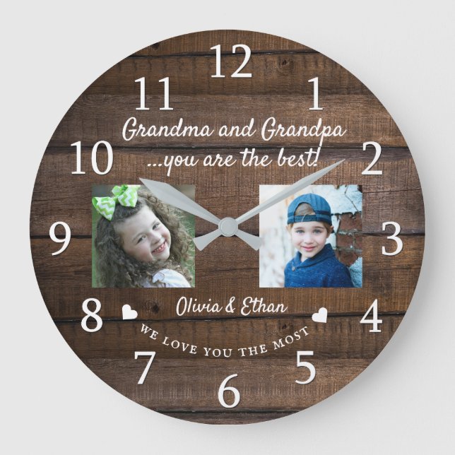 Best Grandma and Grandpa Grandkids 2 Photo Wood  Large Clock (Front)