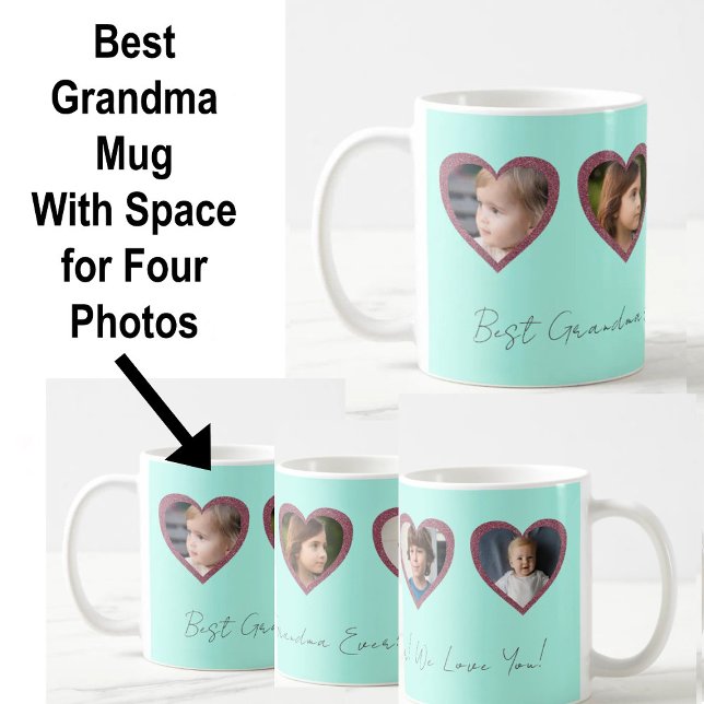 Best Grandma Aqua Hearts Four Kids Photo Collage  Coffee Mug (Creator Uploaded)