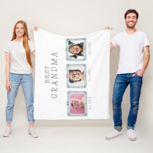 Best Grandma Est Custom Date 3 Photo Cute Preppy Fleece Blanket