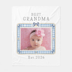 Best Grandma Est Custom Date Photo Cute Preppy Fleece Blanket