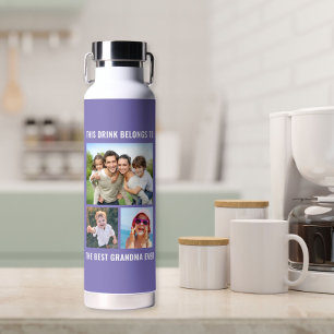 Best Grandma Ever 3 Photo Purple Water Bottle