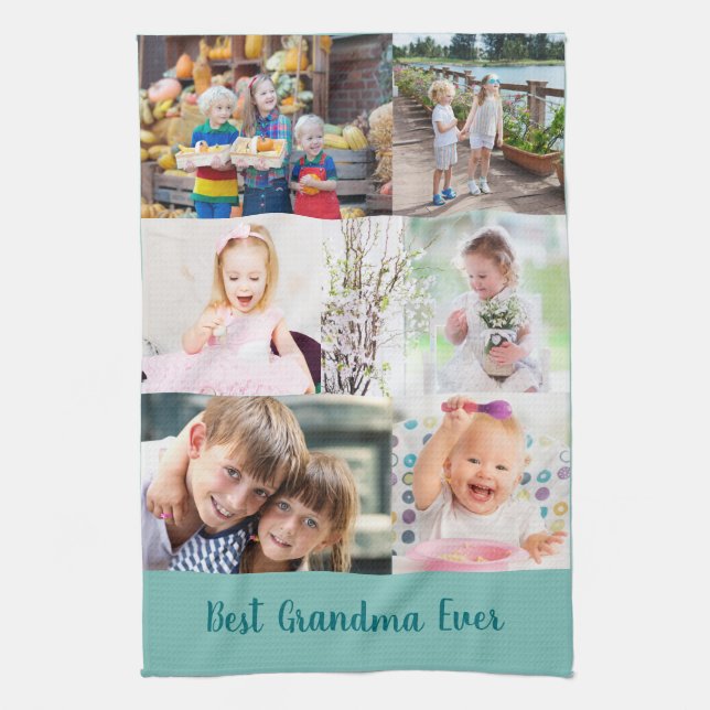 Best Grandma Ever 6 Photo Masonry Grid Green Tea Towel (Vertical)