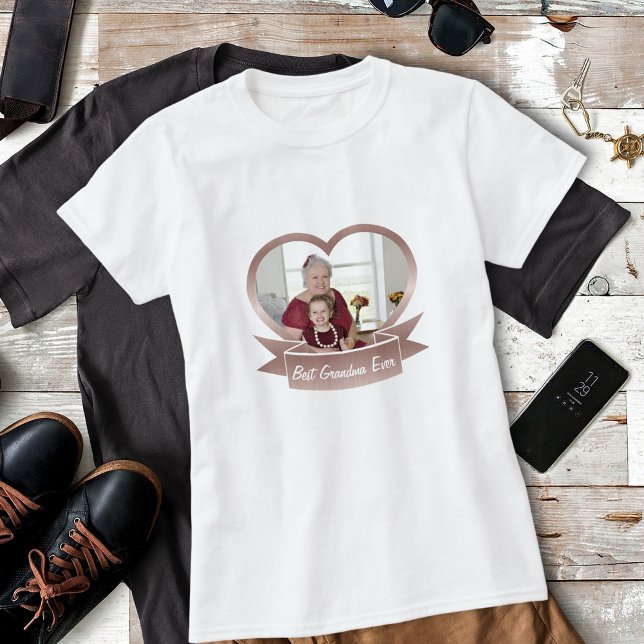 Best Grandma Ever  Cute Rose Gold Heart Photo Gift T-Shirt (Creator Uploaded)
