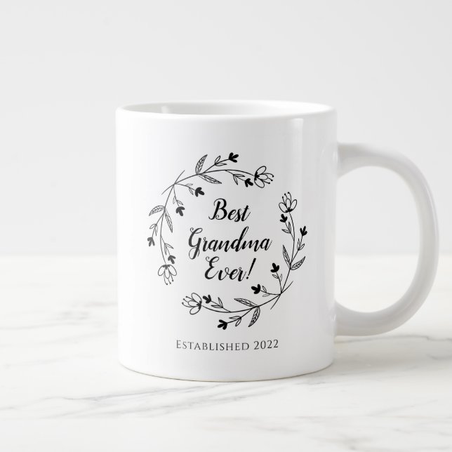 Best Grandma Ever Family Floral Wreath Year Black  Large Coffee Mug (Right)