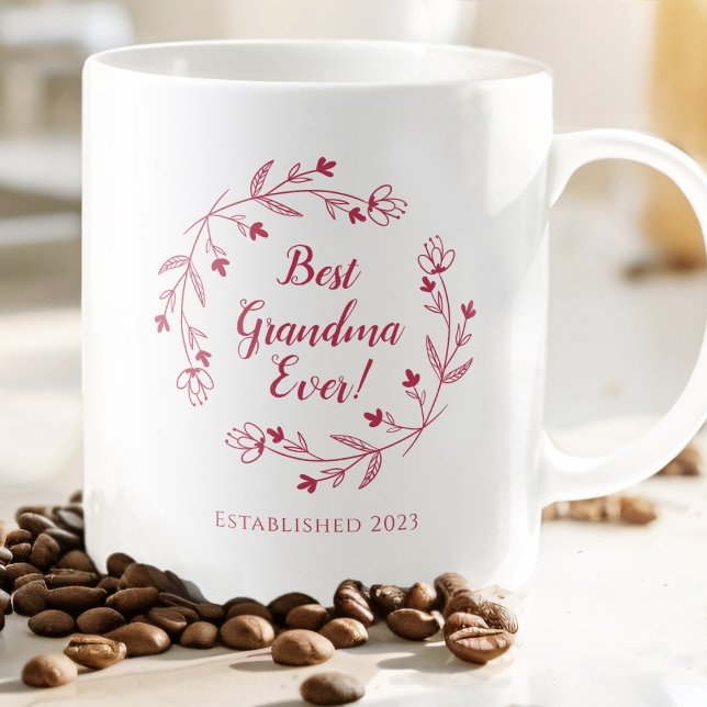 Best Grandma Ever Family Wreath Year Magenta Red Coffee Mug (Creator Uploaded)