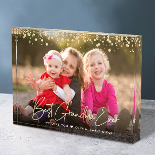 Best Grandma Ever Gold Glitter Script Custom Name Photo Block