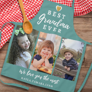 Best Grandma Ever Grandkids 3 Photo Collage Green Apron